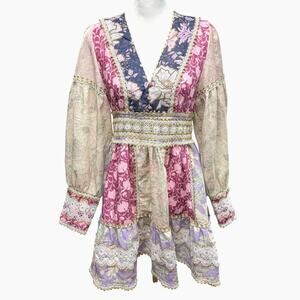 Floral Lace Paneled Tiered Mini Dress Size S V Neck Romantic Boho Cottage